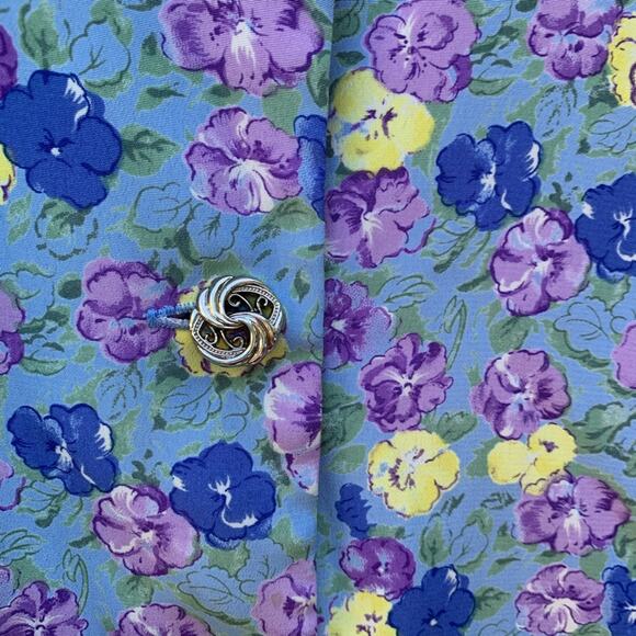 Vintage 90s Leslie Faye blue purple pansy floral pleated skirt & blouse set 12P - Picture 7 of 7